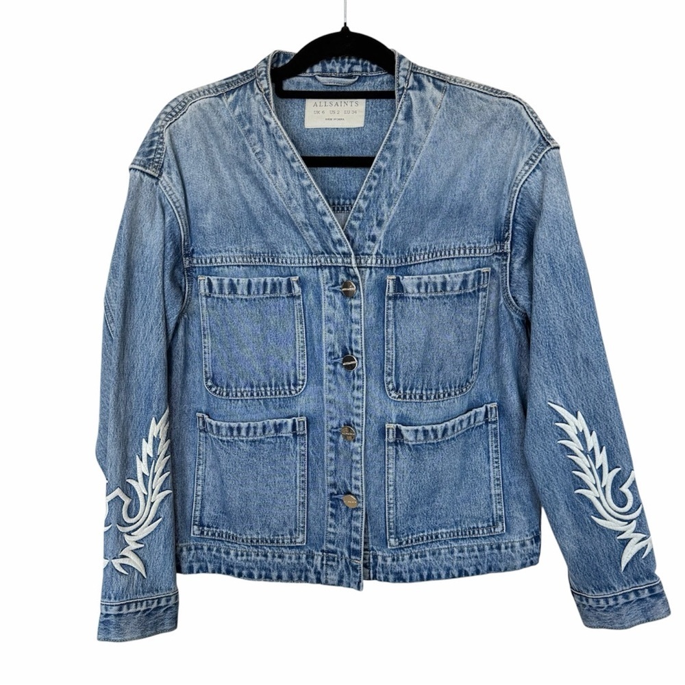 NWT All Saints Terri Workwear cotton Blue Denim Jacket White Embroidery size 2